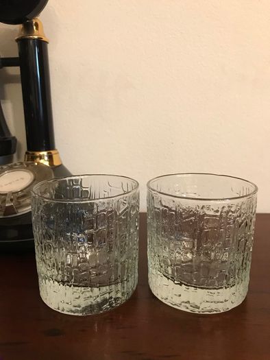 Two Vintage Bark Design White friers Whiskey Glasses