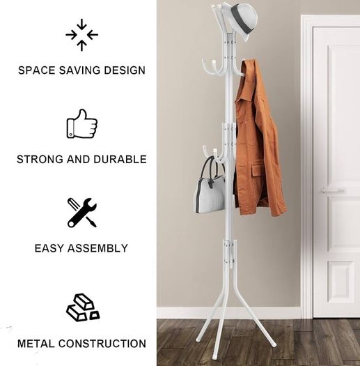 Coat Rack, Metal Coat Rack Stand with 3 Height 12 Hooks, Sturdy Freestanding Coat Rack for Clothes/Bags/Hats, Coat Stand for Home/Entryway/Office/Hallway
