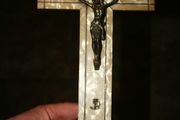Antique Gold Spelter Christ on Cream Art Deco Pearlised Crucifix 14" x 7"
