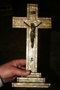 Antique Gold Spelter Christ on Cream Art Deco Pearlised Crucifix 14" x 7"