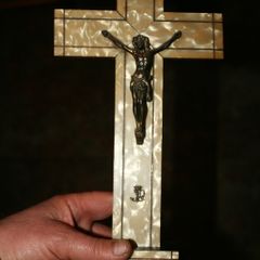 Antique Gold Spelter Christ on Cream Art Deco Pearlised Crucifix 14" x 7"