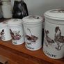 French Antique 5 copper pots with free standing oak stand plus 5 set of ceramic storage jars Image 4