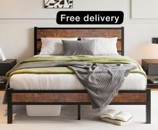 King Size Bed Frame with Wooden Headboard 11 Under-Bed Storage for Master Bedroom, Couples, Heavy Duty Metal Frame 800 lbs, Noise-Free, No Box Spring Needed, Easy Assembly , Black Brown Oak