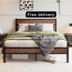 King Size Bed Frame with Wooden Headboard 11 Under-Bed Storage for Master Bedroom, Couples, Heavy Duty Metal Frame 800 lbs, Noise-Free, No Box Spring Needed, Easy Assembly , Black Brown Oak