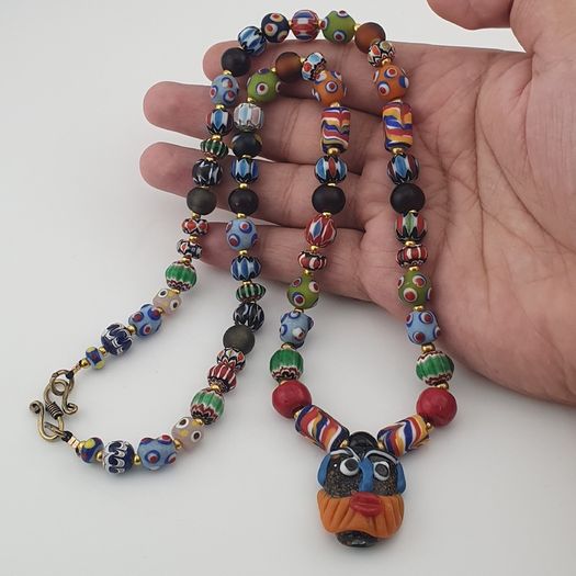 Vintage Venetian Style Mix Glass Beads & Old Face Pendant Necklace