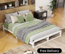 King Size Bed Frame,Metal Platform Low Bed Frame King Size Bed Base with Steel Slats,5ft Floor BedKing Beds,Mattress Foundation,No Box Spring Needed,Noise Free,Easy Assembly,White