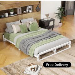 King Size Bed Frame,Metal Platform Low Bed Frame King Size Bed Base with Steel Slats,5ft Floor BedKing Beds,Mattress Foundation,No Box Spring Needed,Noise Free,Easy Assembly,White