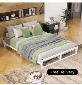 King Size Bed Frame,Metal Platform Low Bed Frame King Size Bed Base with Steel Slats,5ft Floor BedKing Beds,Mattress Foundation,No Box Spring Needed,Noise Free,Easy Assembly,White