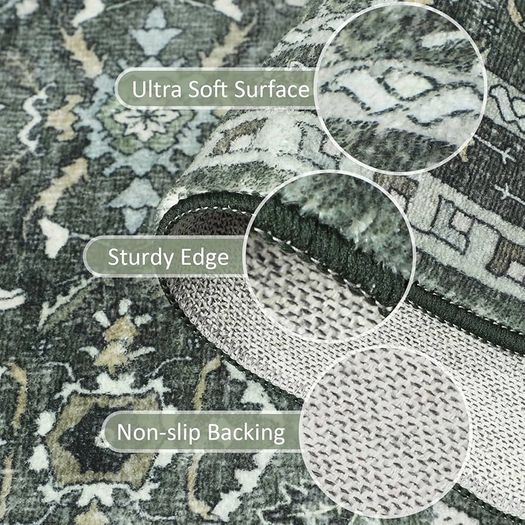 Rugs Living Room 120x170cm, Machine Washable Rug Vintage Boho Green Carpet, Non Slip Soft Low Pile Area Rugs for Bedroom Dining Room Office Lounge
