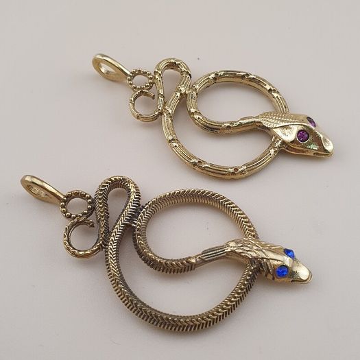 Vintage Lot of 2 Snake with Blue & Red Eyes Brass Pendant 65.5mm