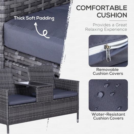NEW SALE Outsunny 2-Seater PE Rattan Outdoor Garden Bench w/ Centre Table Grey