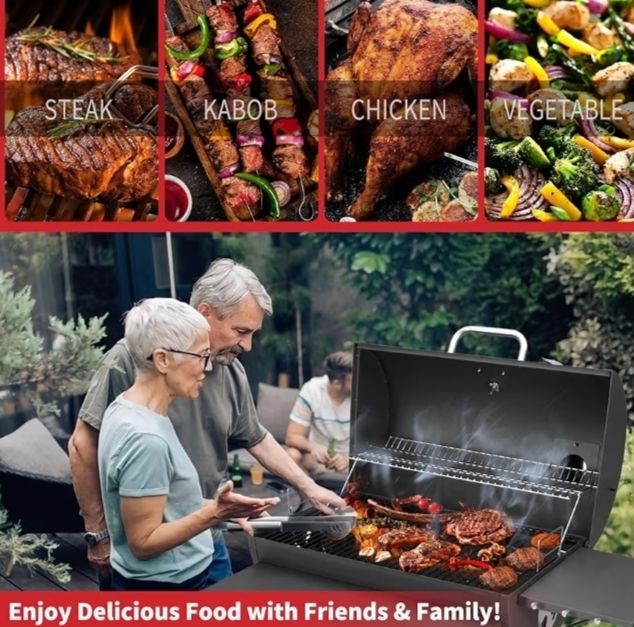 BBQ Grill Smoker With Side Shelves, Barbecue Garden Grill with Temperature Gauge, Outdoor Oil Drum Camping Barbeque Charcoal BBQ Barrel