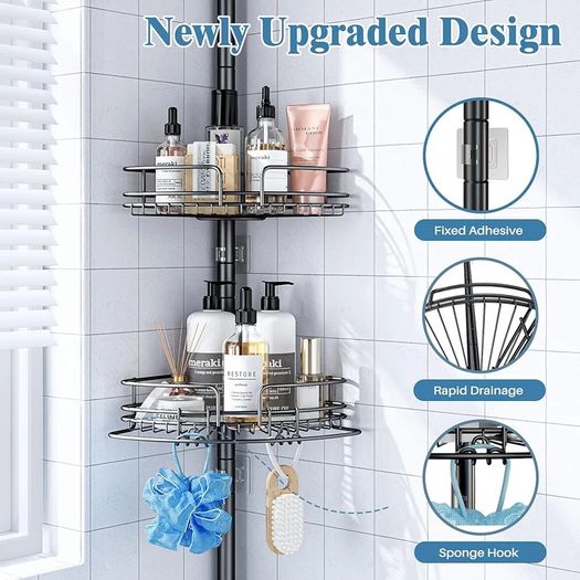4-Tier Rustproof Telescopic Corner Shower Caddy, Height Adjustable No Drilling Bathroom Storage Accessory Shelf Organiser from 58.5 to 317.5 cm, with 4 Large Capacity Adjustable Baskets, Black