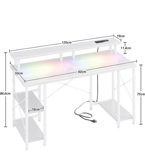 120x50cm Gaming Desk with LED Lights & Power Outlets,White Storage Shelves, Dual Monitor Stand, Home Office & Study, Work from Home, Bedroom, Small Spaces, Dorm, Space-Saving, Students