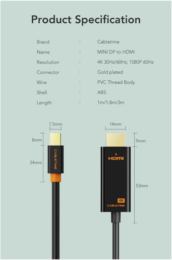 Cabletime 3M Mini DisplayPort to DisplayPort v1.2 Male (4K@60Hz) (Video-Audio) (Gold-Plated) Cable (Brand New/Warranty)