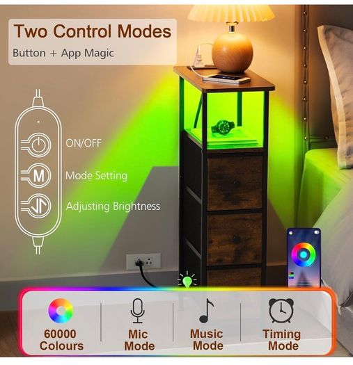 Narrow Bedside Table Set of 2, Slim Side Table for Bedroom Bed Side Table Living Room with Charging Station, Sofa Table with 3 Fabric Drawers, Small Nightstand with LED Lights, Brown