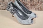 RUBY SHOO DONNA silver peeptoe stilettos with corsage Size UK 5 EU 38 High heels slip ons