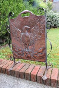 Arts & Crafts hammered copper fire screen with wrought iron frame