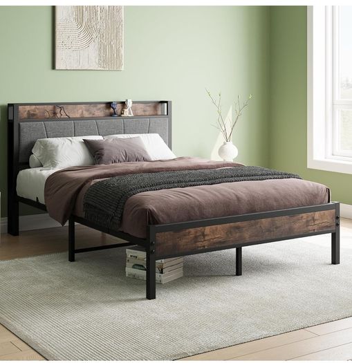 Double Bed Frames with Storage Headboard,Heavy Duty Metal Upholstered Platform Bed Frame