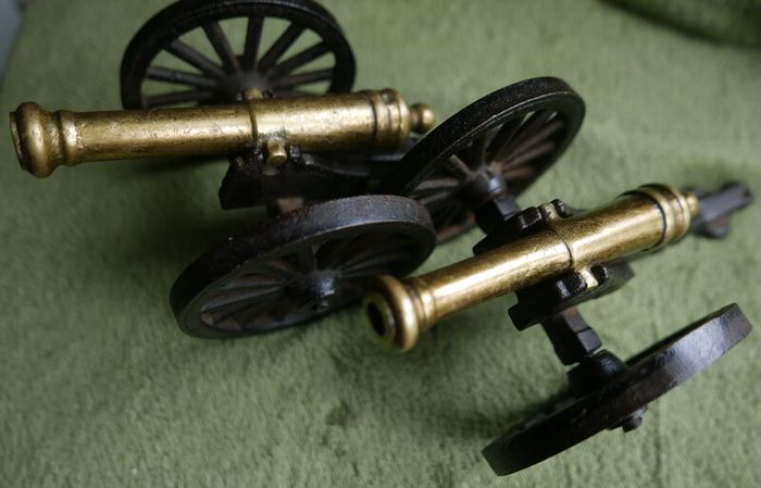 Vintage Brass and Cast Iron Cannons - Moving Wheels - Adjustable Mini Cannon - Set of 2