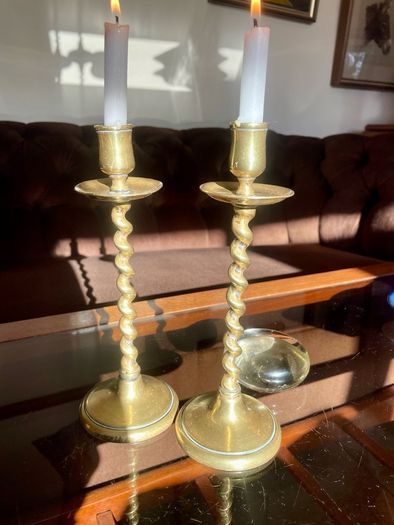 Vintage Brass Single Barley Twist Candlesticks Pair Spiral Candle Holders