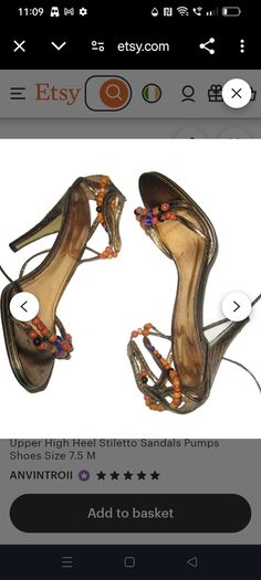 "NINE WEST", Ladies Gold Metallic, colour beaded strapped high heels in good condition