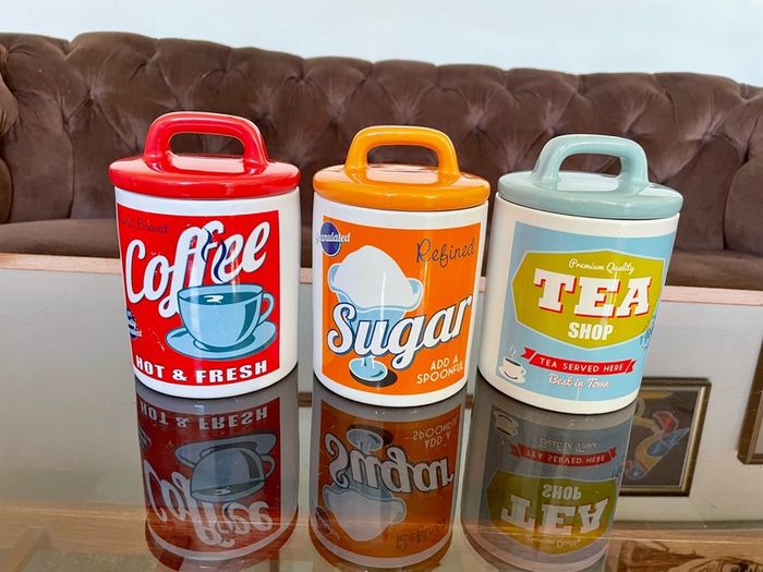 3 x Retro 50s 60s Multi Color Classic Tea Coffee Sugar Set