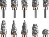 Double Cut Tungsten Carbide Burr Set for Ratory Tool, 10 Pcs Die Grinder Bits with 1/8 inches Shank for DIY Woodworking, Carving, Plastic Drilling, Metal Polishing, Engraving