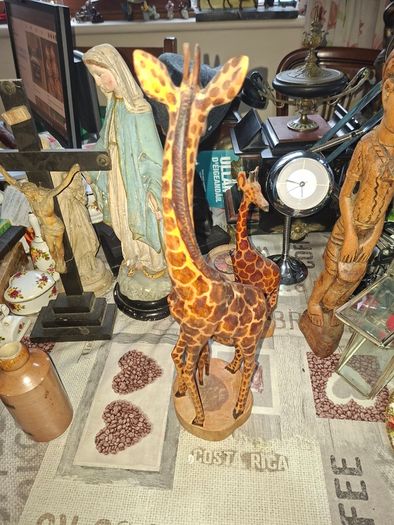 Very Large Vintage Hand Carved Wooden Mother & Baby Giraffe African Folk Art Sculpture and another Giraffe, 3 in total