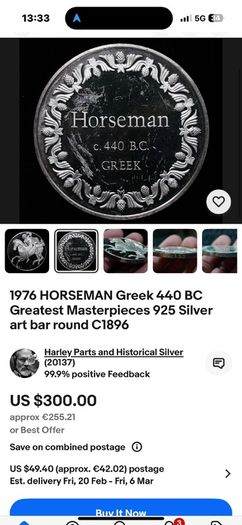 2.3oz RARE Modern medal 1976 HORSEMAN Greek 440 BC Greatest Masterpieces 65g 925 Silver art bar round C1896