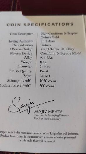2024 St. Helena East India Company Gold Proof "Cruciform & Sceptre"