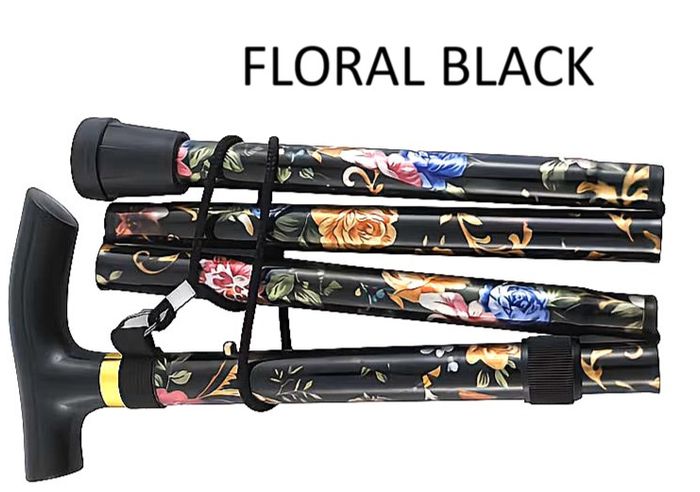 Folding Walking Stick, Black Floral