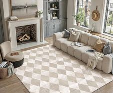 Rugs Living Room Area Rug 200x300cm Beige Bedroom Large Checkered Carpet Washable Non Slip Lounge Office Dining Room Soft Low Pile Modern Geometric Carpets