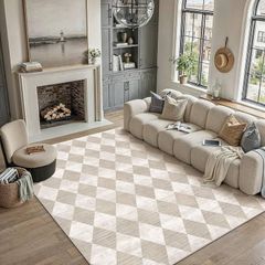 Rugs Living Room Area Rug 200x300cm Beige Bedroom Large Checkered Carpet Washable Non Slip Lounge Office Dining Room Soft Low Pile Modern Geometric Carpets