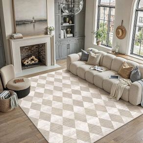 Rugs Living Room Area Rug 200x300cm Beige Bedroom Large Checkered Carpet Washable Non Slip Lounge Office Dining Room Soft Low Pile Modern Geometric Carpets