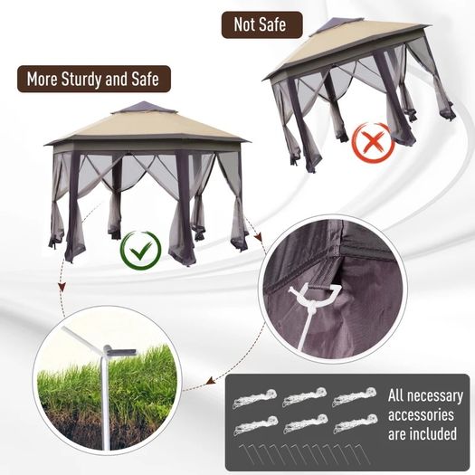 Gazebo Hexagon Patio Gazebo Pop Up Gazebo Outdoor Double Roof Instant Shelter with Netting 4.05mx4.05m