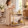 Gold Serving Trolley Drinks Bar Cart with Mirrored Shelves Wine Rack Glass Holders and Wheels Image 2