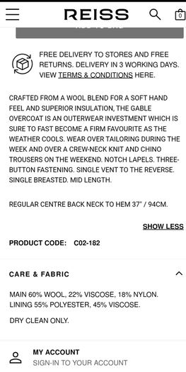 Reiss Gable Gents/Men's Wool Blend Ivory Overcoat