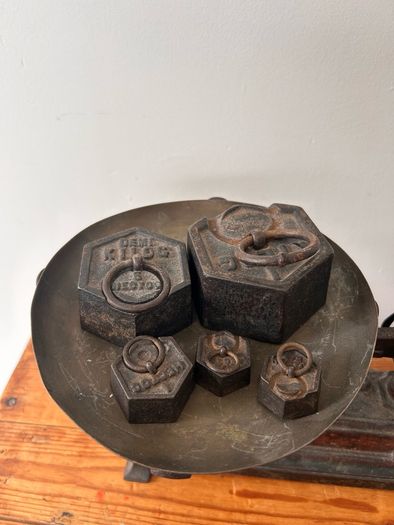 Antique French 5 Kilo Metal Weighing Scale with Weights