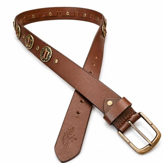 Unisex Genuine Leather Studded Belt Vintage Brown Leather Belt with Antique Brass Rivets & Buckle