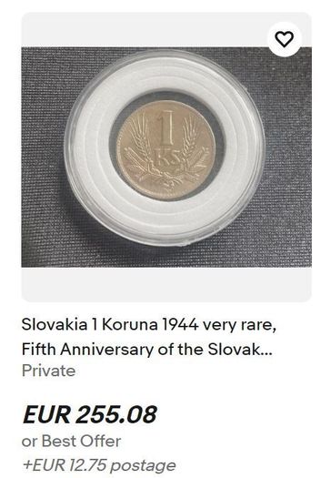 Rare Slovakia 1 Koruna 1944  Slovenska WW2 era