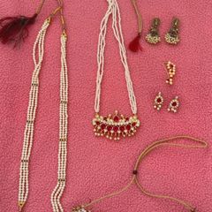 Traditional Indian Bridal Costume Jewelry Set - Ruby & Faux Pearl