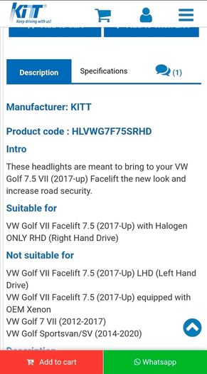 Headlight VW Golf 7.5 2017 up