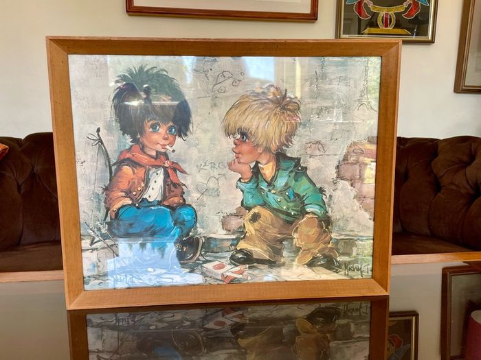 Vintage Teak Framed Certified Art print behind Glass Big Eye Art The Dropouts by Michael Thomas 1969