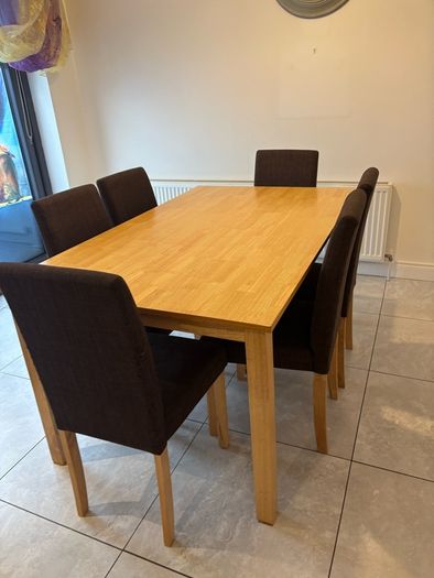 Table & 6 Brown Fabric Chairs