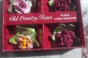 RARE Vintage ceramic Old Country Roses Place card Holders By Royal Albert. Boxed set of 4 Apricot and Pink Rose Royal Albert place card holders
