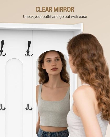 5-in-1 Coat Rack with Bench, Shoe Storage & Mirror  White