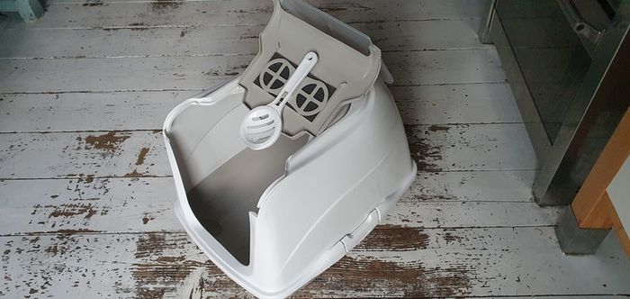Cat litter box with swinging door