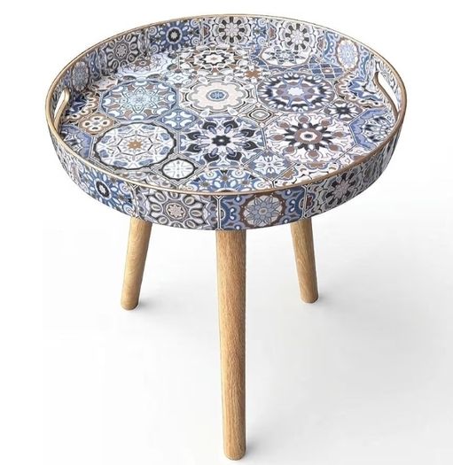 Stone Marble Round Indoor Side Tables with Detachable Wooden 3 Legs, Versatile Tray Table, Perfect For Round Coffee Table Tea, and Relaxation Time 15 Inch Bohemian