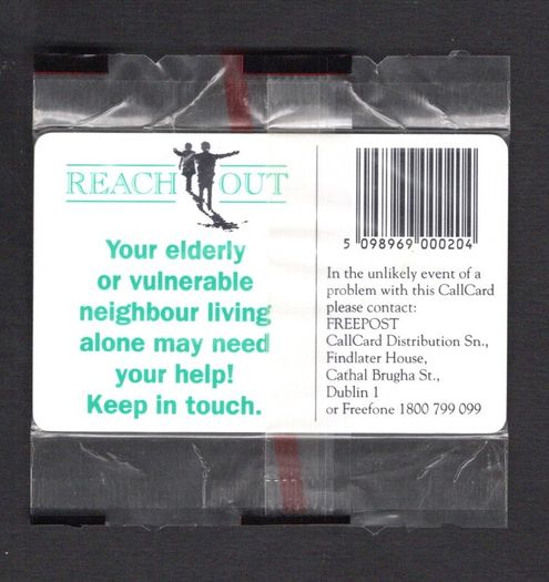 1995 Ireland 20 unit Reach Out - Be a Good Neighbour campaign in 1995 (Schlumberger SC7) Call Card New in packaging. Telecom Eireann card number 1098.